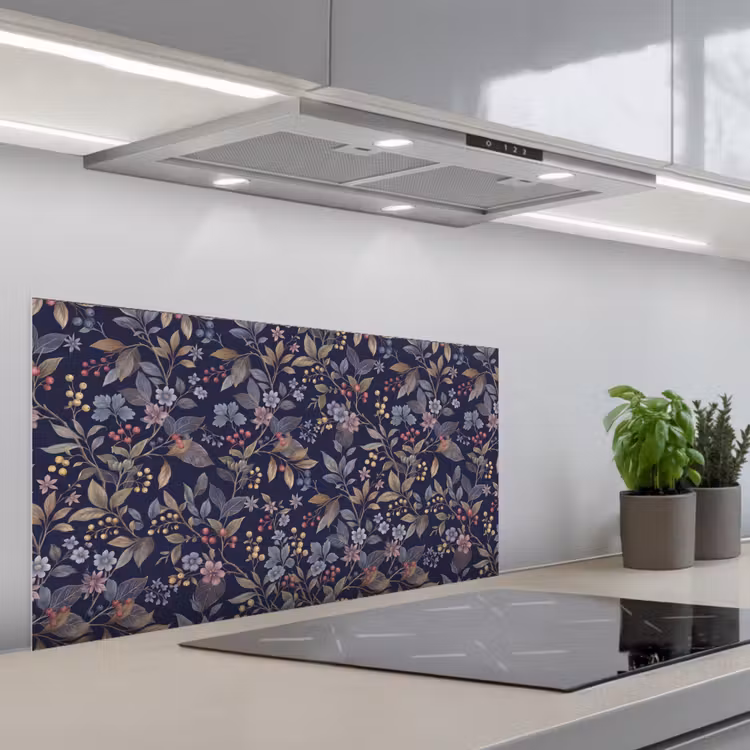 Bloemen - Bladeren - Patroon - Botanisch - Donkerblauw keuken achterwand spatscherm middel -3d_schuin