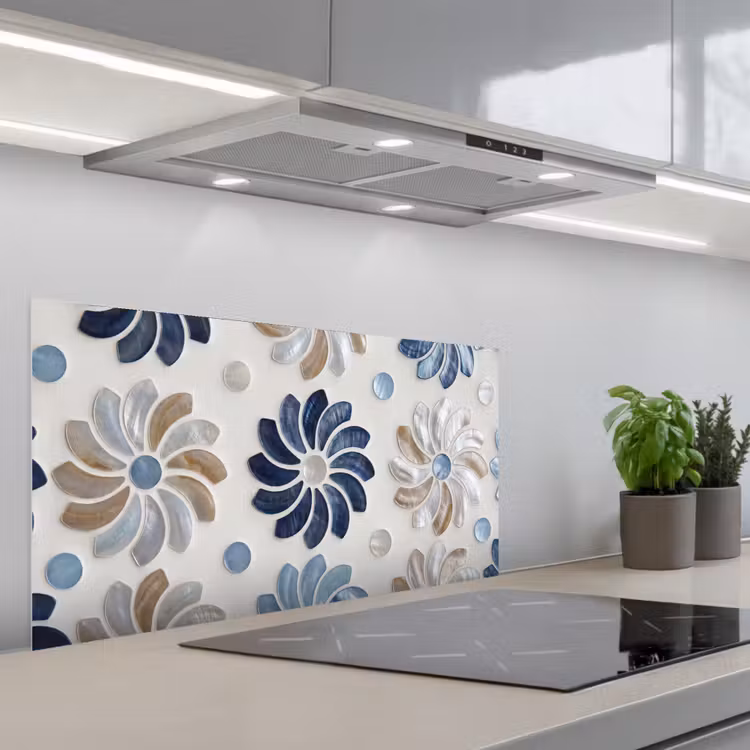 Bloemen - Parelmoer - Abstract - Patroon - Blauw keuken achterwand spatscherm middel -3d_schuin