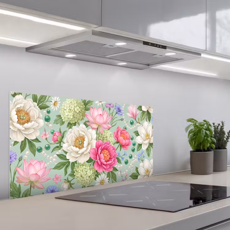 Bloemen - Patroon - Botanisch - Groen keuken achterwand spatscherm middel -3d_schuin