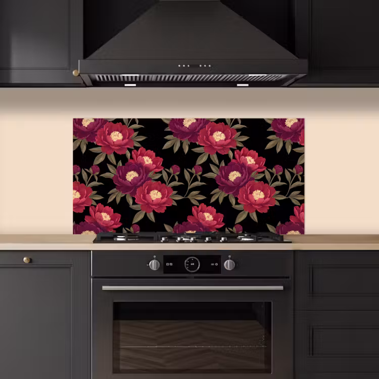 Bloemen - Patroon - Botanisch - Rood - Zwart keuken achterwand spatscherm middel -sfeer1