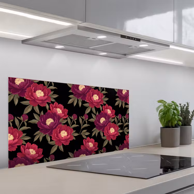 Bloemen - Patroon - Botanisch - Rood - Zwart keuken achterwand spatscherm middel -3d_schuin