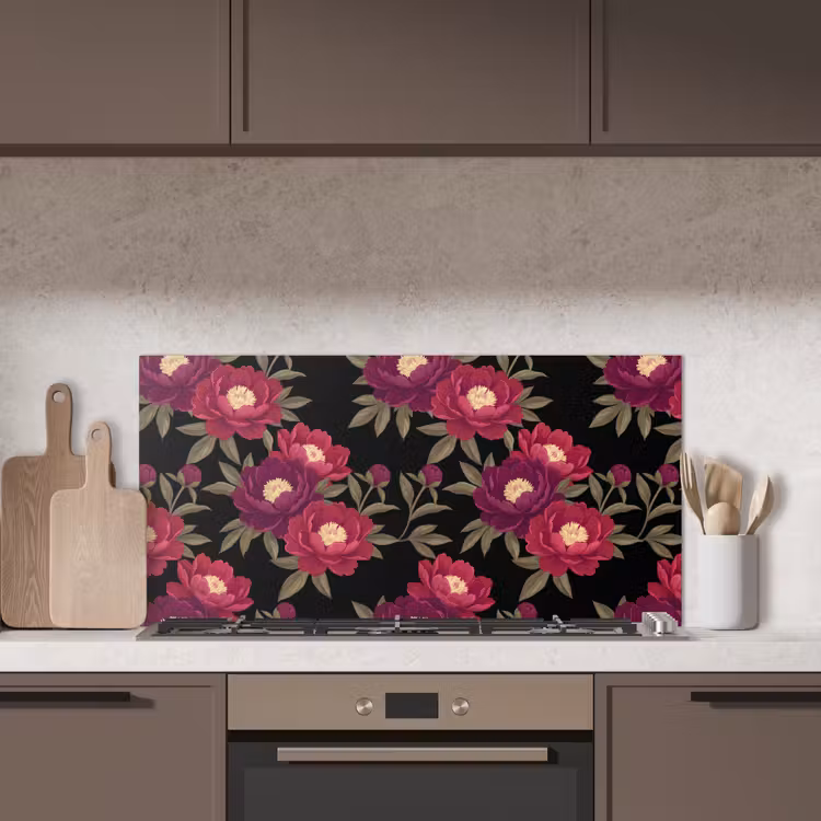 Bloemen - Patroon - Botanisch - Rood - Zwart keuken achterwand spatscherm middel -sfeer2