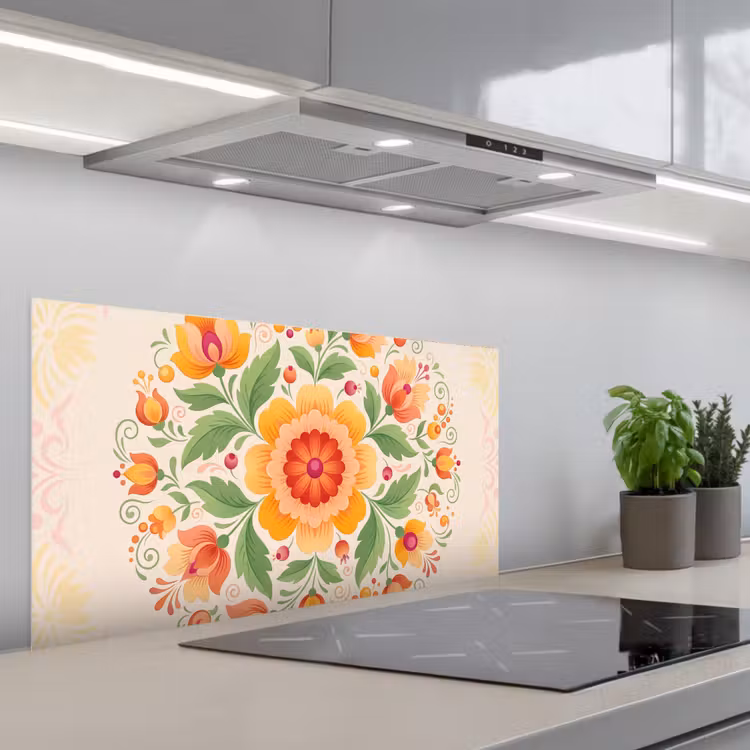 Bloemen - Patroon - Decoratief - Oranje keuken achterwand spatscherm middel -3d_schuin