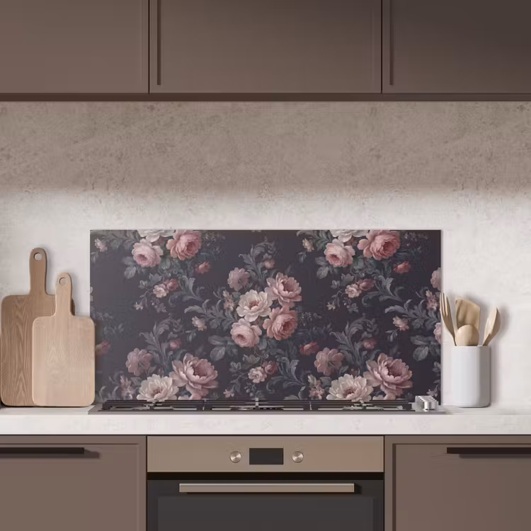 Bloemen - Patroon - Sierlijk - Roze - Donker keuken achterwand spatscherm middel -sfeer2