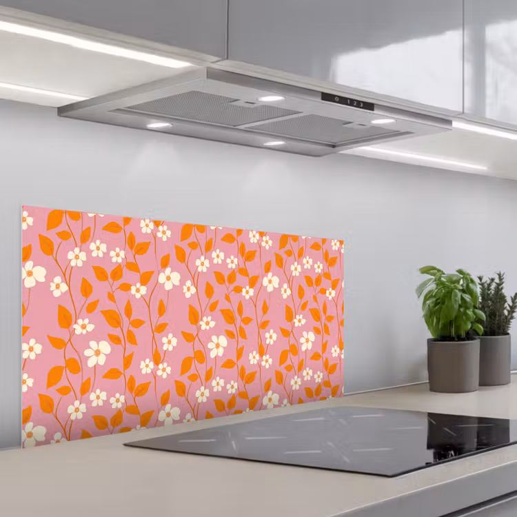 Bloemen - Patroon - Oranje keuken achterwand spatscherm middel 899 -3d_schuin