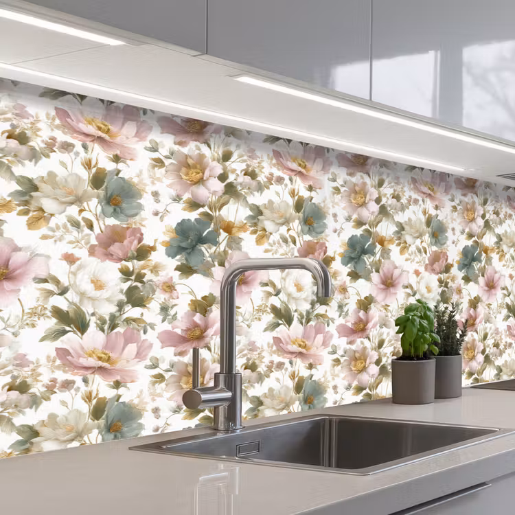 Bloemen - Patroon - Pastel keuken achterwand 2 groot 857 -3d_schuin