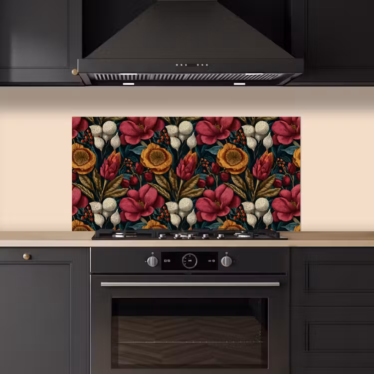 Bloemen - Patroon - Rood - Goud keuken achterwand spatscherm middel 899 -sfeer1