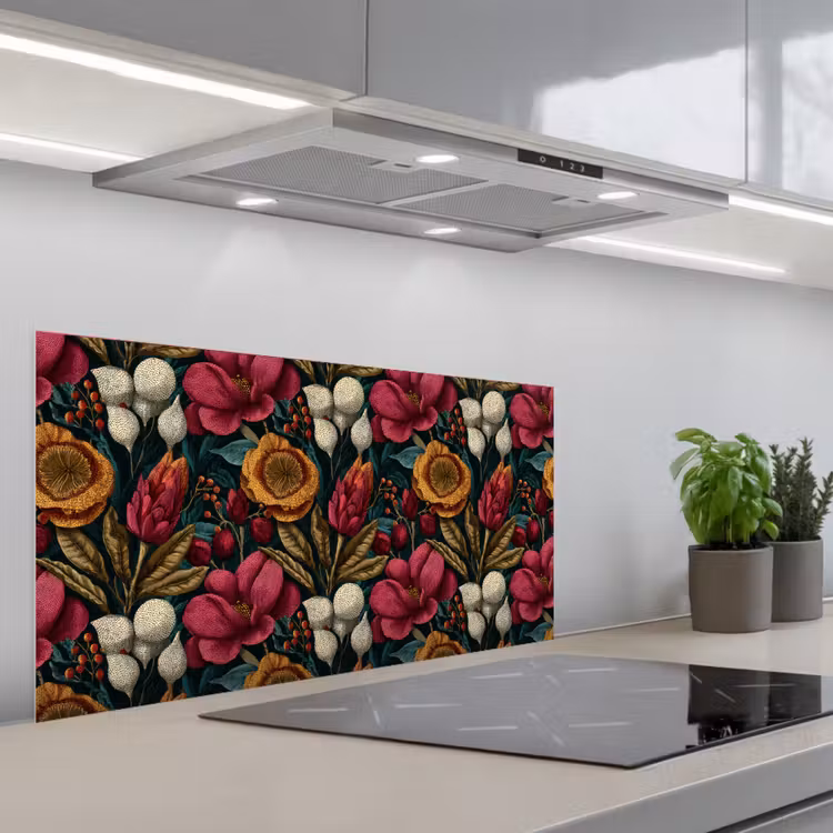 Bloemen - Patroon - Rood - Goud keuken achterwand spatscherm middel 899 -3d_schuin