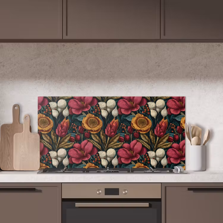 Bloemen - Patroon - Rood - Goud keuken achterwand spatscherm middel 899 -sfeer2