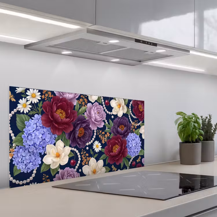 Bloemen - Parels - Decoratie - Modern - Blauw keuken achterwand spatscherm middel -3d_schuin