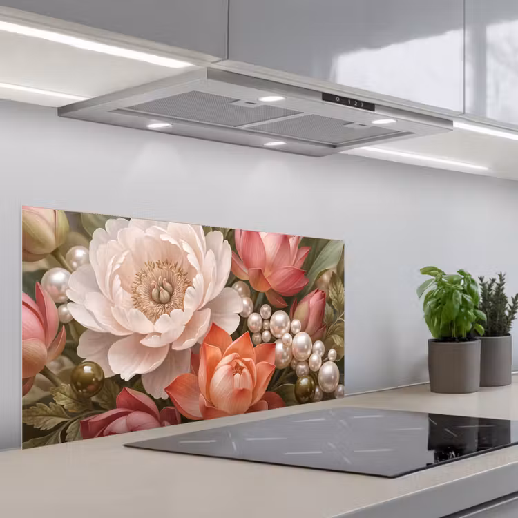 Bloemen - Parels - Elegant - Roze - Wit keuken achterwand spatscherm middel -3d_schuin