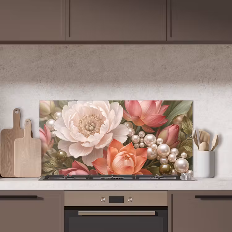 Bloemen - Parels - Elegant - Roze - Wit keuken achterwand spatscherm middel -sfeer2