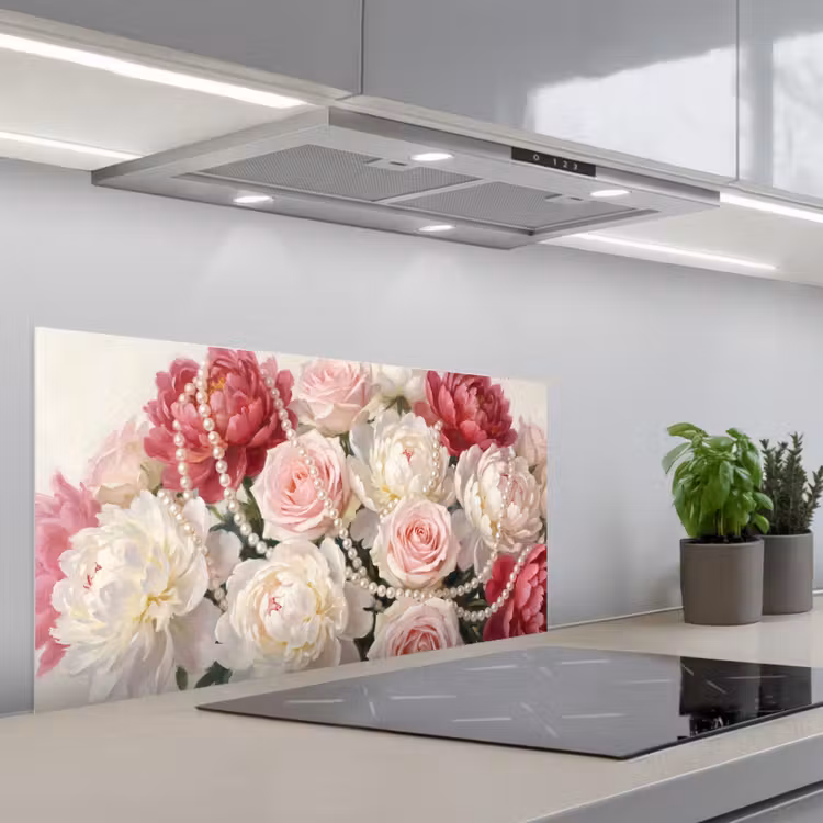 Bloemen - Parels - Romantiek - Klassiek - Roze keuken achterwand spatscherm middel -3d_schuin