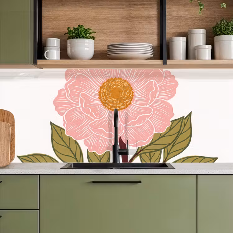 Kitchen Wall Splashback - Flowers - Pink - Illustration - Bloemen - Roze - Illustratie keuken achterwand 2 middel