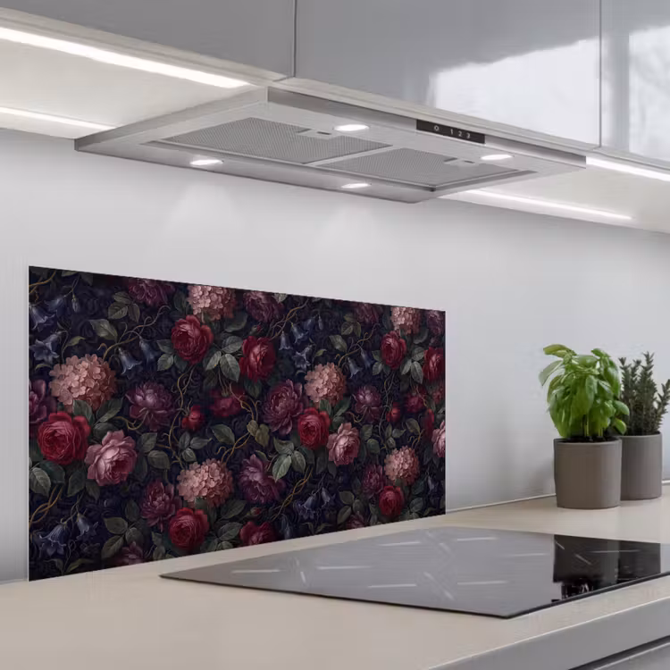 Bloemen - Rood - Klassiek - Donker - Patroon keuken achterwand spatscherm middel -3d_schuin