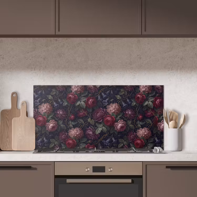 Bloemen - Rood - Klassiek - Donker - Patroon keuken achterwand spatscherm middel -sfeer2