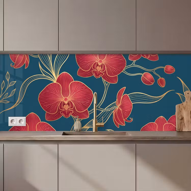 Kitchen Wall Splashback - Flowers - Red - Gold - Bloemen - Rood - Goud keuken achterwand 2 middel zz_3dshopping