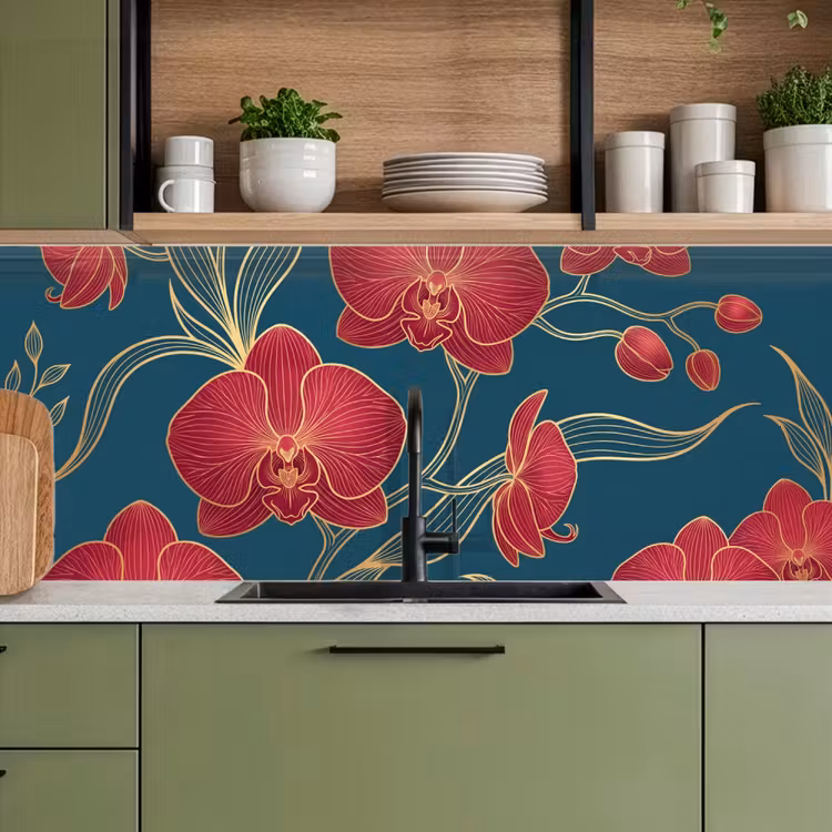 Kitchen Wall Splashback - Flowers - Red - Gold - Bloemen - Rood - Goud keuken achterwand 2 middel