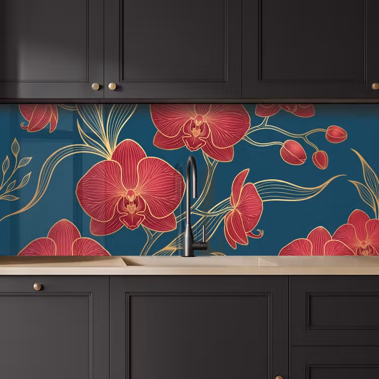 Kitchen Wall Splashback - Flowers - Red - Gold - Bloemen - Rood - Goud keuken achterwand 2 middel