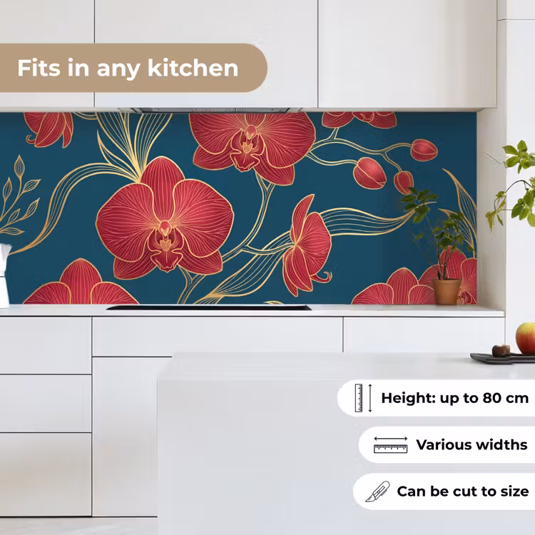 Kitchen Wall Splashback - Flowers - Red - Gold - Bloemen - Rood - Goud keuken achterwand 2 middel
