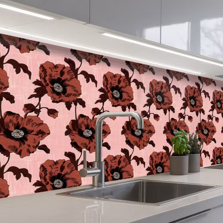 Bloemen - Retro - Rood keuken achterwand 2 groot 857 -3d_schuin