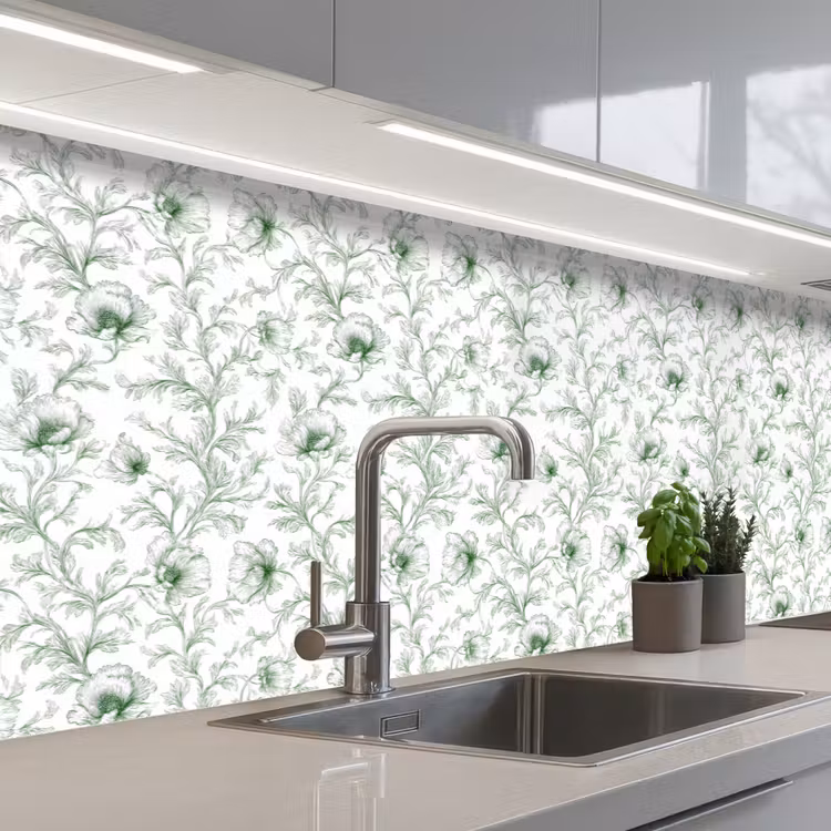 Bloemen - Getekend - Groen keuken achterwand 2 groot 857 -3d_schuin