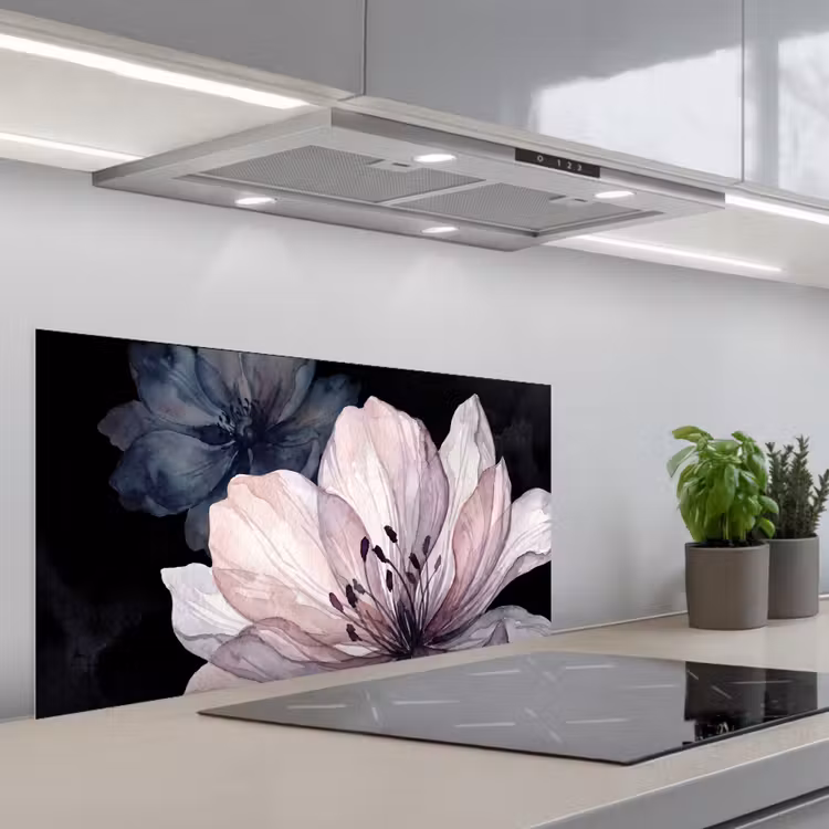 Bloemen - Aquarel - Modern - Roze - Donker keuken achterwand spatscherm middel -3d_schuin