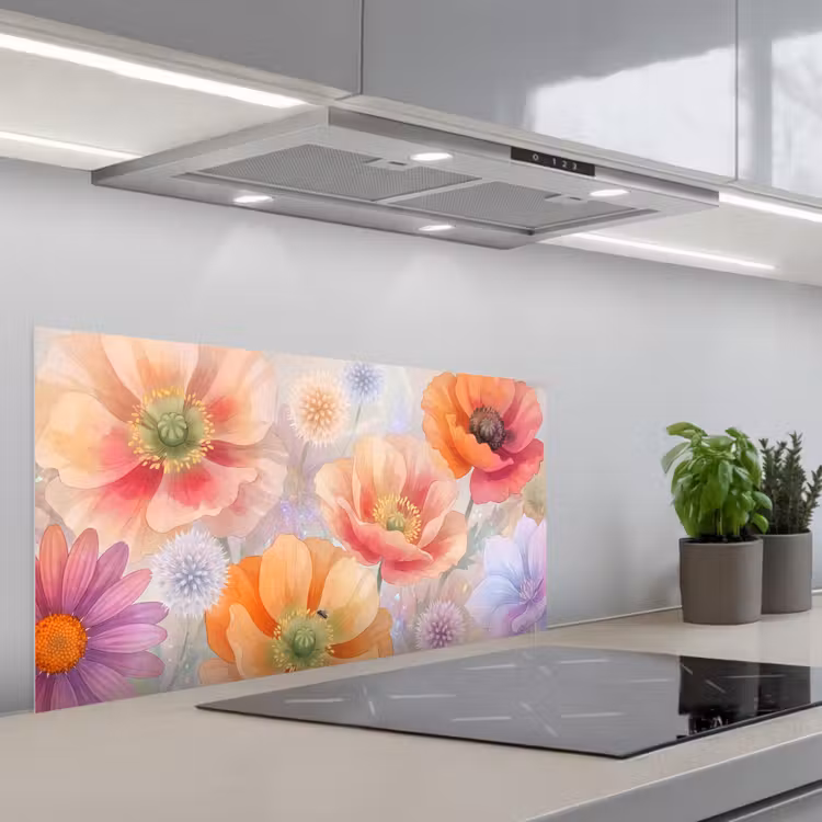 Bloemen - Aquarel - Natuur - Modern - Kleurrijk keuken achterwand spatscherm middel -3d_schuin