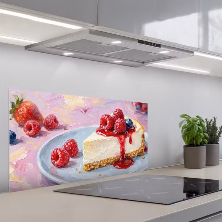Eten - Cheesecake - Bessen - Abstract - Roze keuken achterwand spatscherm middel -3d_schuin