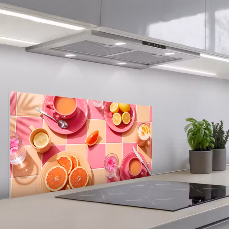 Eten - Citrusvruchten - Stillevens - Roze - Oranje keuken achterwand spatscherm middel -3d_schuin
