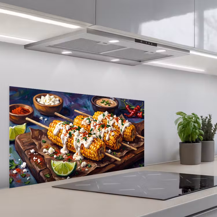 Eten - Maïs - Saus - Geschilderd - Geel keuken achterwand spatscherm middel -3d_schuin