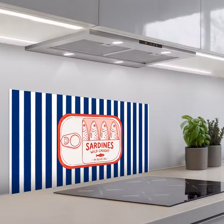 Eten - Vis - Blik - Illustratie - Rood keuken achterwand spatscherm middel -3d_schuin