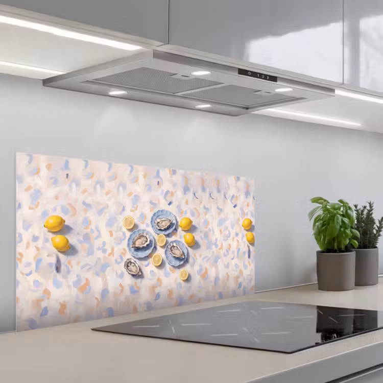 Eten - Oesters - Citroenen - Modern - Geel keuken achterwand spatscherm middel -3d_schuin