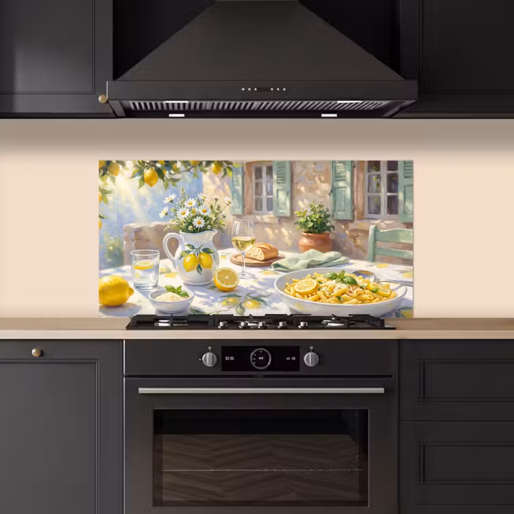 Eten - Terras - Zomer - Geschilderd - Geel keuken achterwand spatscherm middel -sfeer1