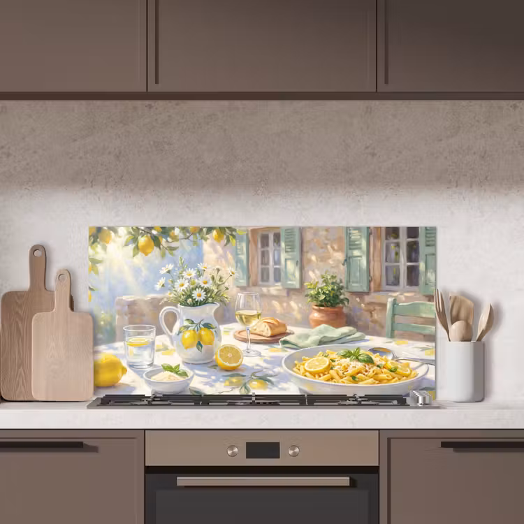Eten - Terras - Zomer - Geschilderd - Geel keuken achterwand spatscherm middel -sfeer2