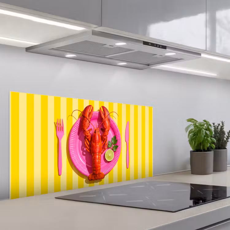 Eten - Roze - Geel - Modern - Culinaire keuken achterwand spatscherm middel -3d_schuin