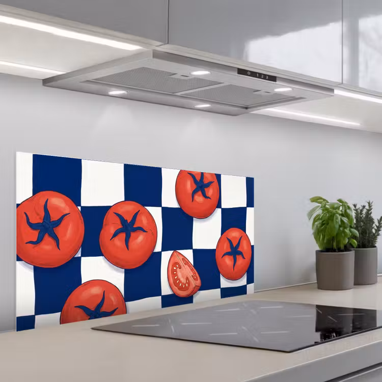 Eten - Tomaten - Keuken - Illustratie - Rood-Blauw keuken achterwand spatscherm middel -3d_schuin