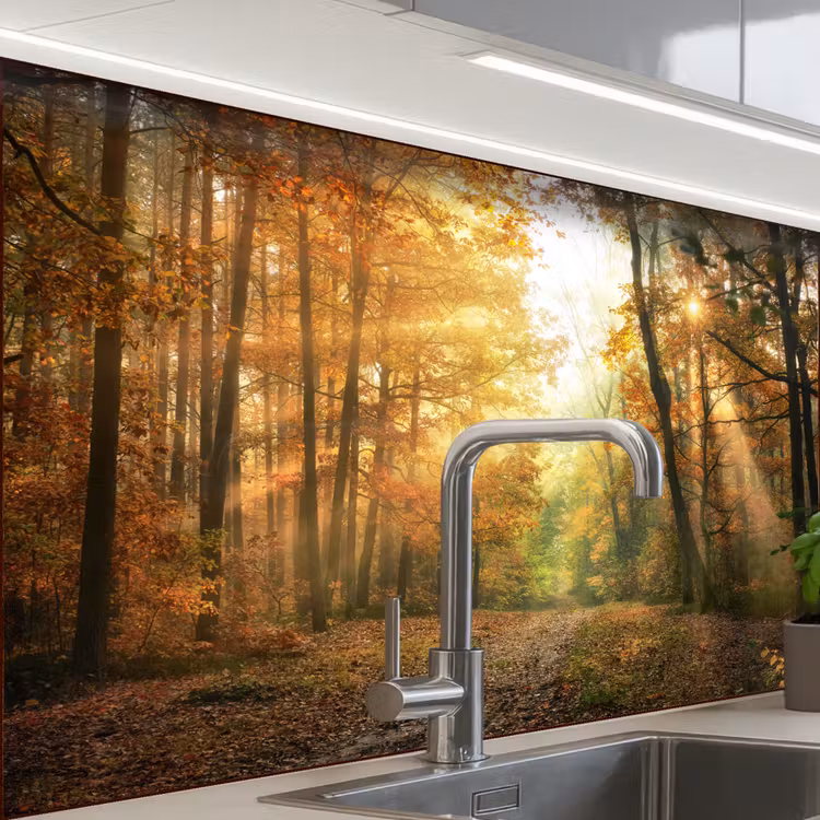 Bos - Herfst - Zon - Landschap - Natuur - Bomen - Bladeren keuken achterwand sample klein -zzzz3d_schuin