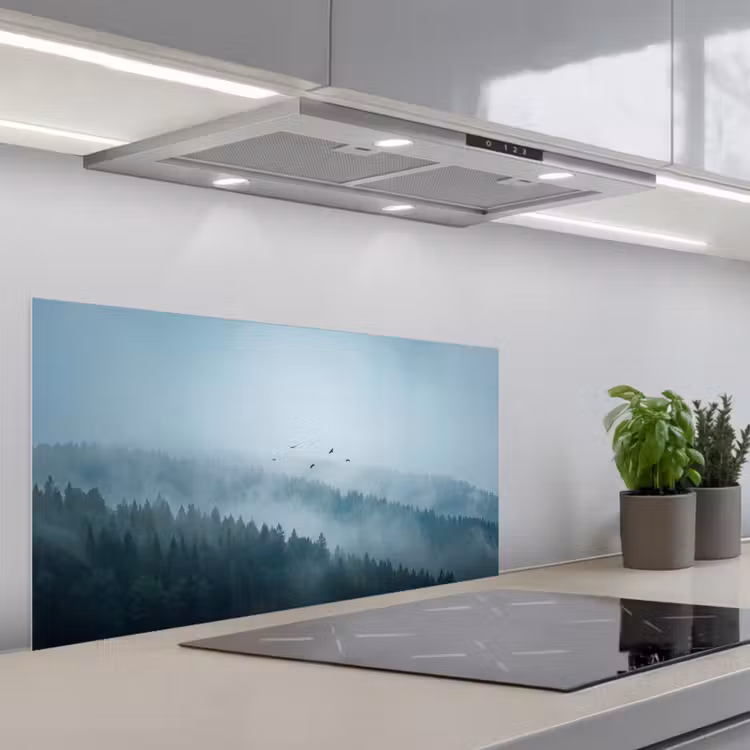 Bos - Mist - Vogels - Natuur - Groen keuken achterwand spatscherm middel -3d_schuin