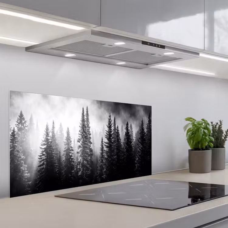 Bos - Mist - Winter - Monochroom - Natuur keuken achterwand spatscherm middel -3d_schuin