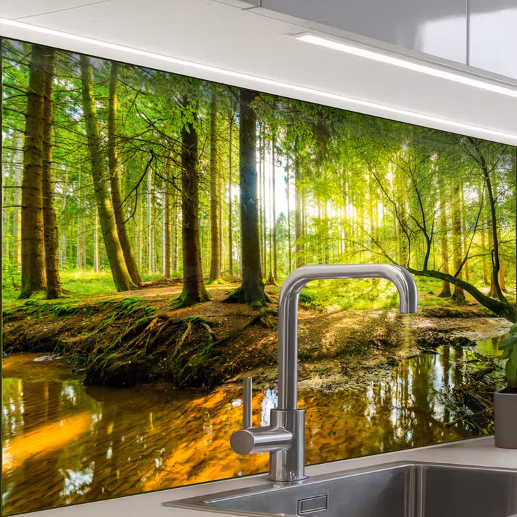 Bos - Landschap - Water - Bomen - Zon - Groen - Natuur keuken achterwand sample klein -zzzz3d_schuin