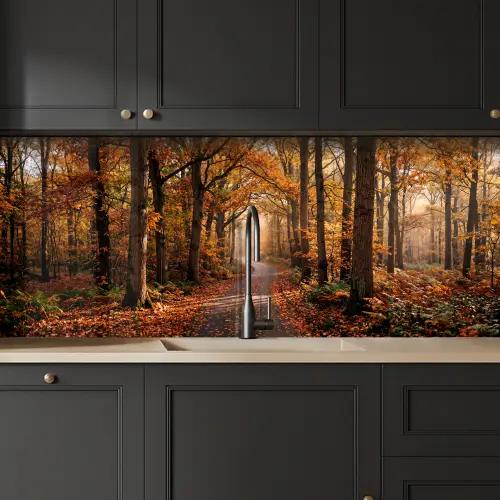 Bospad - Herfstbos - Bladeren - Oranje - Nostalgisch keuken achterwand 2 middel -sfeer1