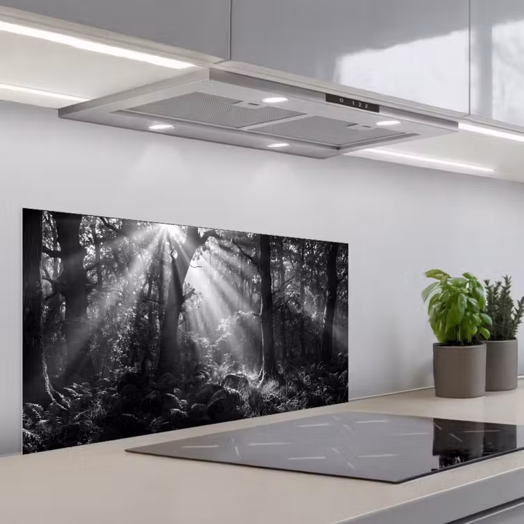 Bos - Lichtstralen - Natuur - Zwart-wit keuken achterwand spatscherm middel -3d_schuin