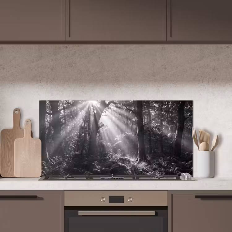 Bos - Lichtstralen - Natuur - Zwart-wit keuken achterwand spatscherm middel -sfeer2