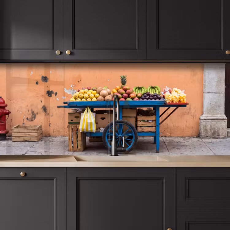 Kitchen Wall Splashback - Fruit - Cart - Street - Fruit - Kar - Straat keuken achterwand 2 middel