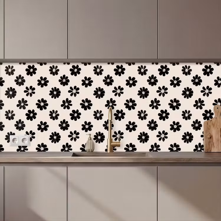 Grafisch - Madeliefjes - Zwart - Beige keuken achterwand 2 middel 871 zz_3dshopping