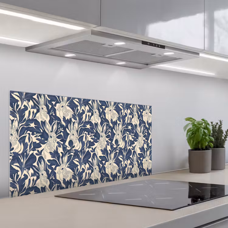 Hazen - Bladeren - Patroon - Blauw - Beige keuken achterwand spatscherm middel 899 -3d_schuin