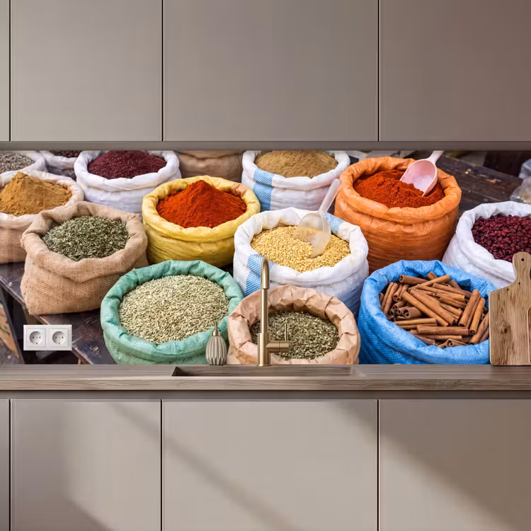 Kitchen Wall Splashback - Herbs - Bags - Market - Kruiden - Zakken - Markt keuken achterwand 2 middel zz_3dshopping