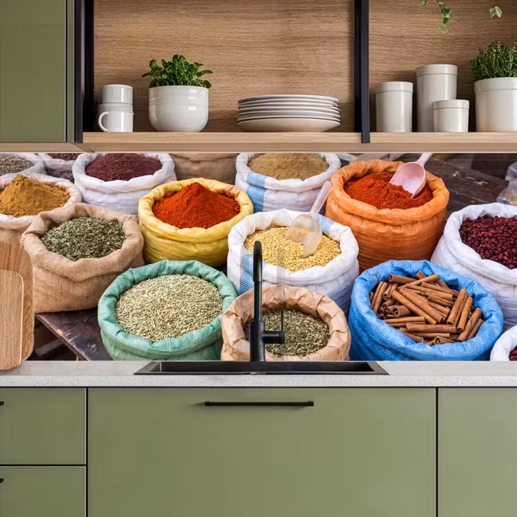 Kitchen Wall Splashback - Herbs - Bags - Market - Kruiden - Zakken - Markt keuken achterwand 2 middel