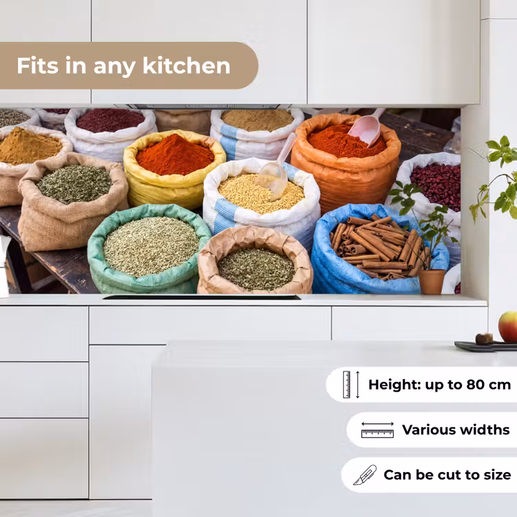 Kitchen Wall Splashback - Herbs - Bags - Market - Kruiden - Zakken - Markt keuken achterwand 2 middel